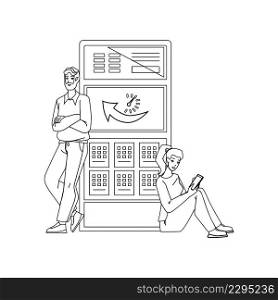 Server Uptime Checking Developers It Worker Black Line Pencil Drawing Vector. Young Man And Woman Check And Fix Machine Server Uptime. Characters Couple Fixing Computer Digital Technology Illustration. Server Uptime Checking Developers It Worker Vector