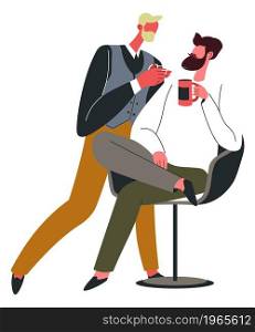 Service at barber shop, isolated male character sitting in chair relaxing and drinking tea or coffee. Professional specialist taking care, luxurious and trendy place to cut hair. Vector in flat style. Barber shop service, haircut and beard trimming