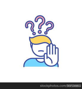 Service awareness RGB color icon. Person gesturing to stop. Prevention from progressing. Worry in search of solution. Confused man. Stress and anxiety. Isolated vector illustration. Service awareness RGB color icon