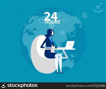 Service. Businesswoman working online and customer service 24 hours. Flat design style.