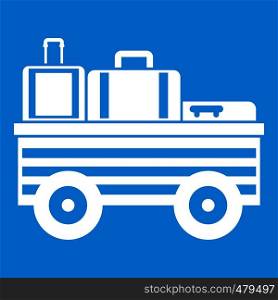Service cart with luggage icon white isolated on blue background vector illustration. Service cart with luggage icon white