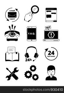 Service center black icons. Tech 24h support customer web chat help admin headset phone manager assistance people vector pictures. Service support call center, helpline monochrome illustration. Service center black icons. Tech 24h support customer web chat help admin headset phone manager assistance people vector pictures