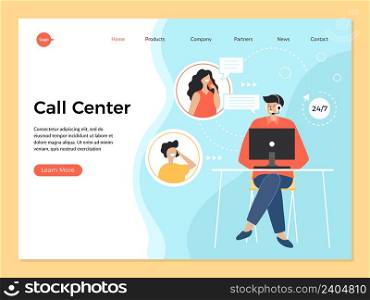 Service center landing. Customer service person people online talking templates business web pages recent vector pictures with place for text. Illustration service support center, call help hotline. Service center landing. Customer service person people online talking templates business web pages recent vector pictures with place for text