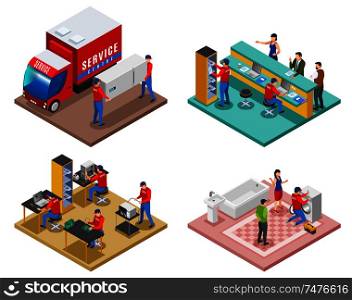 Service centre isometric 4x1 set of compositions with images representing different support services and aftersales assistance vector illustration
