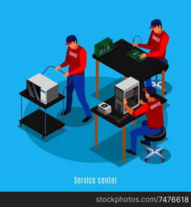 Service centre isometric background with view of people performing repairs of computer equipment and consumer electronics vector illustration