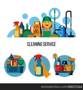 Service cleaning. Colorful vector illustration, Emblem. Cleaning kit. Cheerful maid, cleaning lady in overalls.