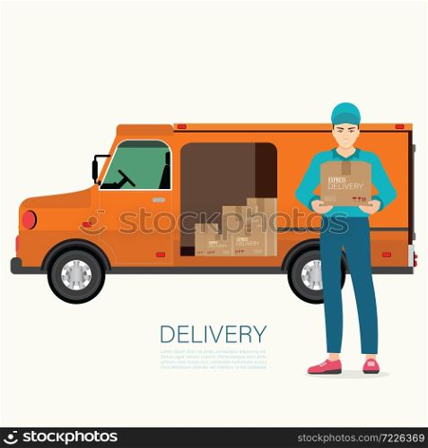 Service fast delivery with delivery man and truck.Flat design modern vector illustration concept for mobile apps and websites.