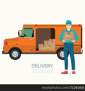 Service fast delivery with delivery man and truck.Flat design modern vector illustration concept for mobile apps and websites.