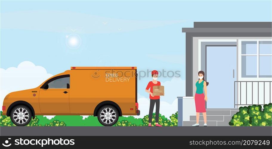 Service fast delivery with delivery man and truck to a customer and keeping a safe distance.He is wearing a protective face mask. Safe fast delivery at home during coronavirus covid-19 epidemic Flat design modern vector illustration.