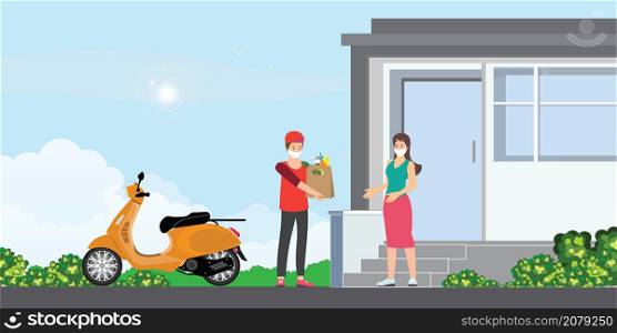 Service fast food delivery with delivery man and scooter motorcycle to a customer and keeping a safe distance, he is wearing a protective face mask. Safe fast delivery at home during coronavirus covid-19 epidemic Flat design modern vector illustration.