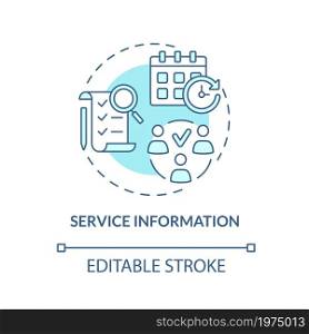 Service information blue concept icon. Monitoring production of goods. Operations management abstract idea thin line illustration. Vector isolated outline color drawing. Editable stroke. Service information blue concept icon