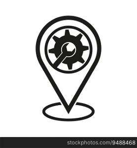 Service location. Point on the service map. GPS and repair shop symbol. Location and wrench symbol. Maintenance icon. Vector illustration. Eps 10. Stock image.. Service location. Point on the service map. GPS and repair shop symbol. Location and wrench symbol. Maintenance icon. Vector illustration. Eps 10.