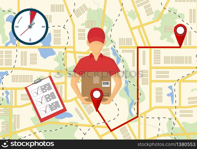 Service of fast delivery. Express delivery courier service. Man courier with box in his hands. Vector illutration. Vector illutration of fast delivery service. Express delivery courier service. Man courier with box in his hands.