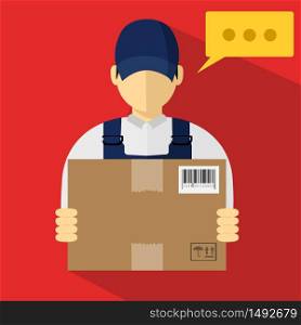 Service of fast delivery. Express delivery courier service. Man courier with box in his hands. Vector illutration. Vector illutration of fast delivery service. Express delivery courier service. Man courier with box in his hands.