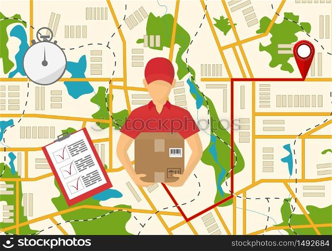 Service of fast delivery. Express delivery courier service. Man courier with box in his hands. Vector illutration. Vector illutration of fast delivery service. Express delivery courier service. Man courier with box in his hands.