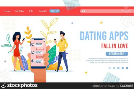 Service Offering Dating Apps. Cartoon Smiling Man and Woman Fall in Love Chatting, Messaging via Smartphone. Flat Human Hand Holding Phone with Open Chat. Landing Page Template. Vector Illustration. Landing Page for Service Offering Dating Apps