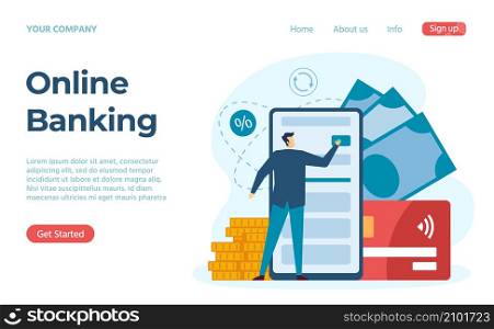 Service online banking, fast transaction and financial operations. Money online in bank for payment and transfer, service of transaction online pay, vector illustration. Service online banking, fast transaction and financial operations