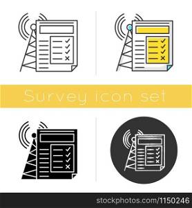 Service quality survey icon. Internet connection poll. Research. Consumer review. Customer satisfaction. User feedback. Glyph design, linear, chalk and color styles. Isolated vector illustrations