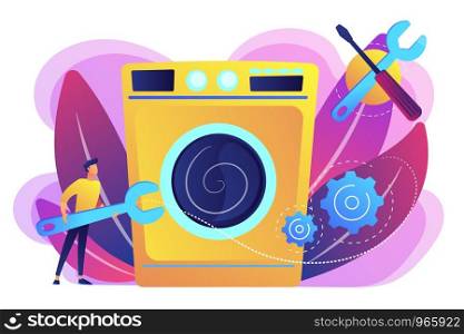 Service repairman with big wrench repairing washing machine. Repair of household appliances, smart TV service, household master services concept. Bright vibrant violet vector isolated illustration. Repair of household appliances concept vector illustration.