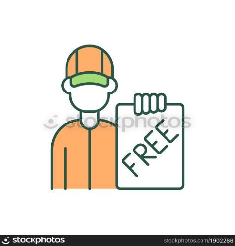 Service representative RGB color icon. Delivery man. Free delivery. Postman. Customer service assistance. Purchase and post shipping. Isolated vector illustration. Simple filled line drawing. Service representative RGB color icon
