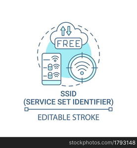 Service set identifier blue concept icon. Network individual name abstract idea thin line illustration. Wireless connection id. Vector isolated outline color drawing. Editable stroke. Service set identifier blue concept icon