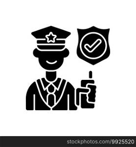 Service staff black glyph icon. Machine maintenance, building repairs. Security guard. Office cleaning. Patrolling, monitoring premises. Silhouette symbol on white space. Vector isolated illustration. Service staff black glyph icon