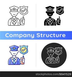 Service staff icon. Machine maintenance, building repairs. Security guard. Office cleaning. Patrolling, monitoring premises. Linear black and RGB color styles. Isolated vector illustrations. Service staff icon