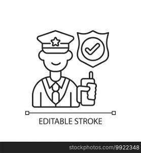 Service staff linear icon. Machine maintenance, building repairs. Patrolling, monitoring premises. Thin line customizable illustration. Contour symbol. Vector isolated outline drawing. Editable stroke. Service staff linear icon