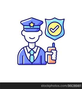 Service staff RGB color icon. Machine maintenance, building repairs. Security guard. Patrolling, monitoring premises. Safe environment for personnel and customers. Isolated vector illustration. Service staff RGB color icon