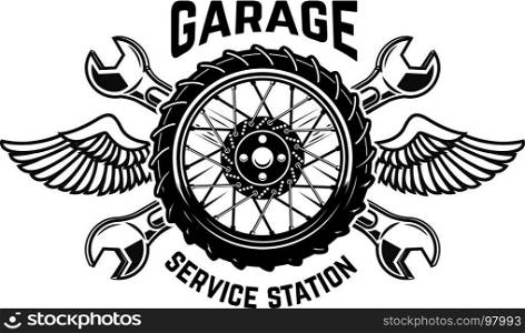 Service station emblem template. Car wheel with wings. Design elements for emblem, sign, poster. Vector illustration