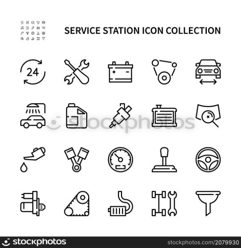 Service station linear vector icons set. Car service. Radiator, battery, piston, starter, car wash, gearbox, muffler, oil, injector, speedometer, chassis and much more Car service icons collection. Service station vector line icons. Isolated car service icons collection on white background. Car service symbol vector set.