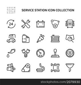 Service station linear vector icons set. Car service. Radiator, battery, piston, starter, car wash, gearbox, muffler, oil, injector, speedometer, chassis and much more Car service icons collection. Service station vector line icons. Isolated car service icons collection on white background. Car service symbol vector set.