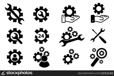 Service support pictogram. Cogwheels chaos brain. Cogwheel, gear mechanism settings tools. Fun drawing vector gears person icon or sign. Service cog brain pattern or template banner. Think big ideas.