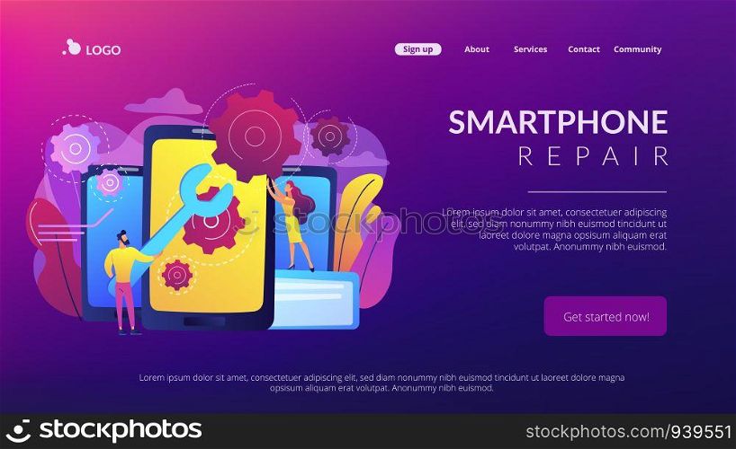 Service technicians with big wrench repairing smartphone screen with gears. Smartphone repair, cell phone service, same day repair concept. Website vibrant violet landing web page template.. Smartphone repair concept landing page.