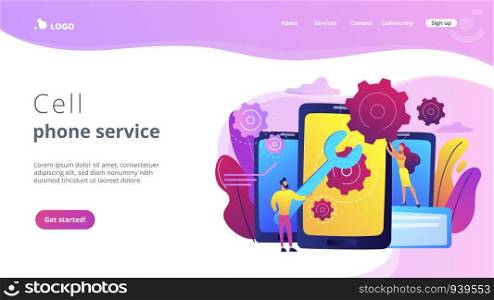 Service technicians with big wrench repairing smartphone screen with gears. Smartphone repair, cell phone service, same day repair concept. Website vibrant violet landing web page template.. Smartphone repair concept landing page.