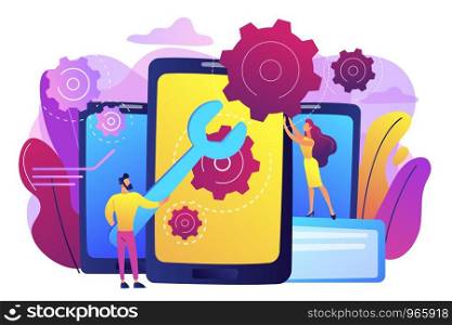 Service technicians with big wrench repairing smartphone screen with gears. Smartphone repair, cell phone service, same day repair concept. Bright vibrant violet vector isolated illustration. Smartphone repair concept vector illustration.
