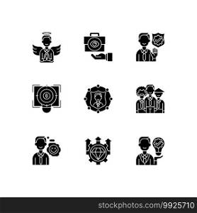 Service with integrity black glyph icons set on white space. Humility, service integrity. Business transparency. Financial focus, company goal. Silhouette symbols. Vector isolated illustration. Service with integrity black glyph icons set on white space