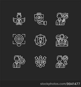 Service with integrity chalk white icons set on black background. Humility, service integrity. Business transparency. Financial focus, company goal. Isolated vector chalkboard illustrations. Service with integrity chalk white icons set on black background