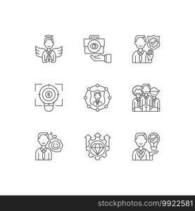 Service with integrity linear icons set. Business transparency. Financial focus, company goal. Customizable thin line contour symbols. Isolated vector outline illustrations. Editable stroke. Service with integrity linear icons set