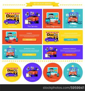 Services car washing diagnostics tire. Store and repair engine, carwash and autoservice, assistance and care machine, garage station, setting and calibration illustration. Set of banners