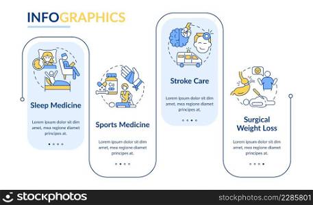 Services for patients rectangle infographic template. Medical care. Data visualization with 4 steps. Process timeline info chart. Workflow layout with line icons. Lato-Bold, Regular fonts used. Services for patients rectangle infographic template