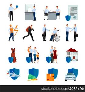 Services of insurance company icons set with policy negotiations security of health and property isolated vector illustration . Services Of Insurance Company Icons Set
