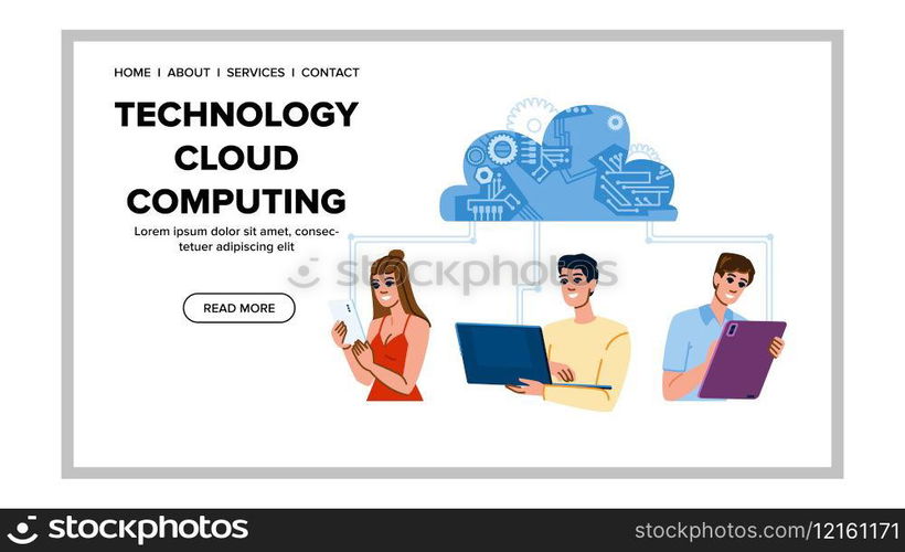 services technology cloud computing vector. virtualization backup, scalability integration, automation migration services technology cloud computing web flat cartoon illustration. services technology cloud computing vector