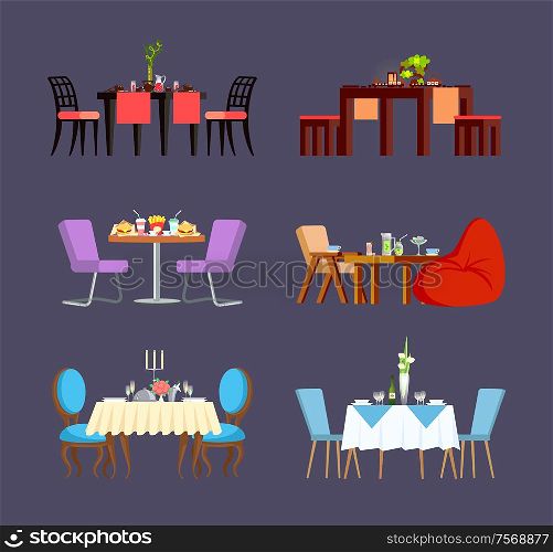 Serving for couple, glass and ceramic plates, soft chairs and plant. Board with fast food, sushi and sweets meal. Design view of decorated table vector. Design Serving of Table, Dishes and Food Vector