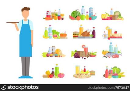 Serving man, waiter wearing apron vector. Isolated worker, burger and chicken poultry, bottle with beverage drink, fruits and vegetables tasty meal. Waiter Servant with Food Options of Shop Store