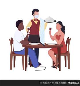 Serving restaurant guests with safety measures semi flat color vector characters. Full body people on white. Reopening isolated modern cartoon style illustration for graphic design and animation. Serving restaurant guests with safety measures semi flat color vector characters