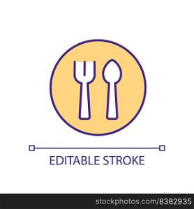 Serving utensils with plate RGB color icon. Knife and fork. Silverware. Kitchen equipment. Eating tools. Isolated vector illustration. Simple filled line drawing. Editable stroke. Arial font used. Serving utensils with plate RGB color icon