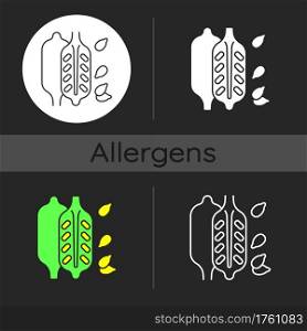 Sesame dark theme icon. Food ingredient, cooking seasoning. Condiment for cookery. Cause of allergy. Common allergen. Linear white, simple glyph and RGB color styles. Isolated vector illustrations. Sesame dark theme icon