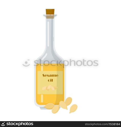 Sesame oil in glass bottle with seeds. Product used for skin care and cooking. Liquid isolated on white background vector illustration.