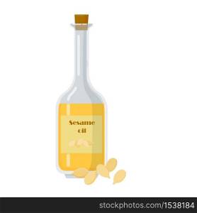 Sesame oil in glass bottle with seeds. Product used for skin care and cooking. Liquid isolated on white background vector illustration.